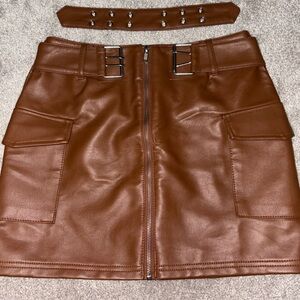 Brown Faux Leather Skirt with Belt